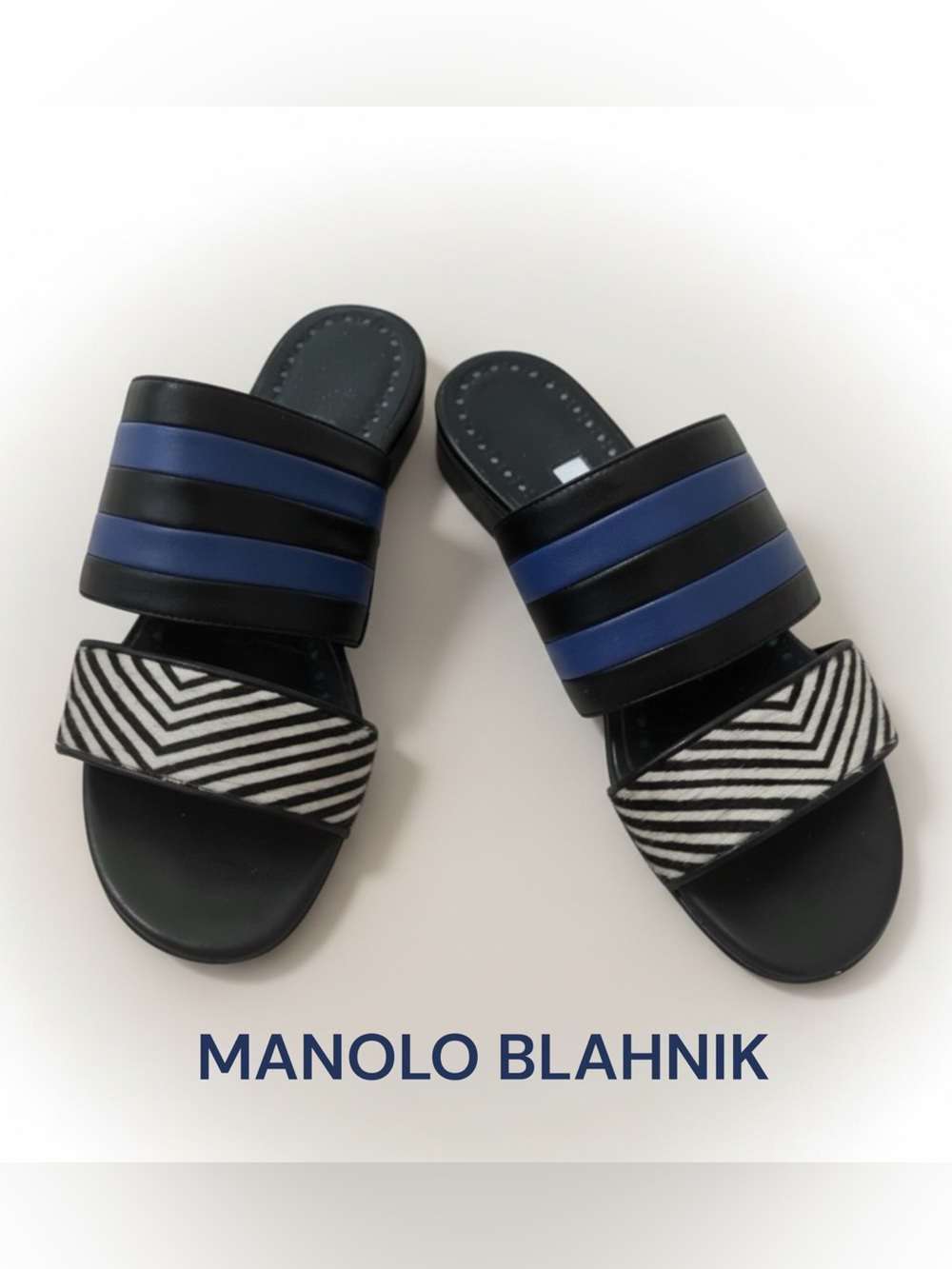 💙💛MANOLO BLAHNIK SUMMER BLUE BLACK SLIP ON SHOES LEATHER & PONY HAIR FLATS 5.5